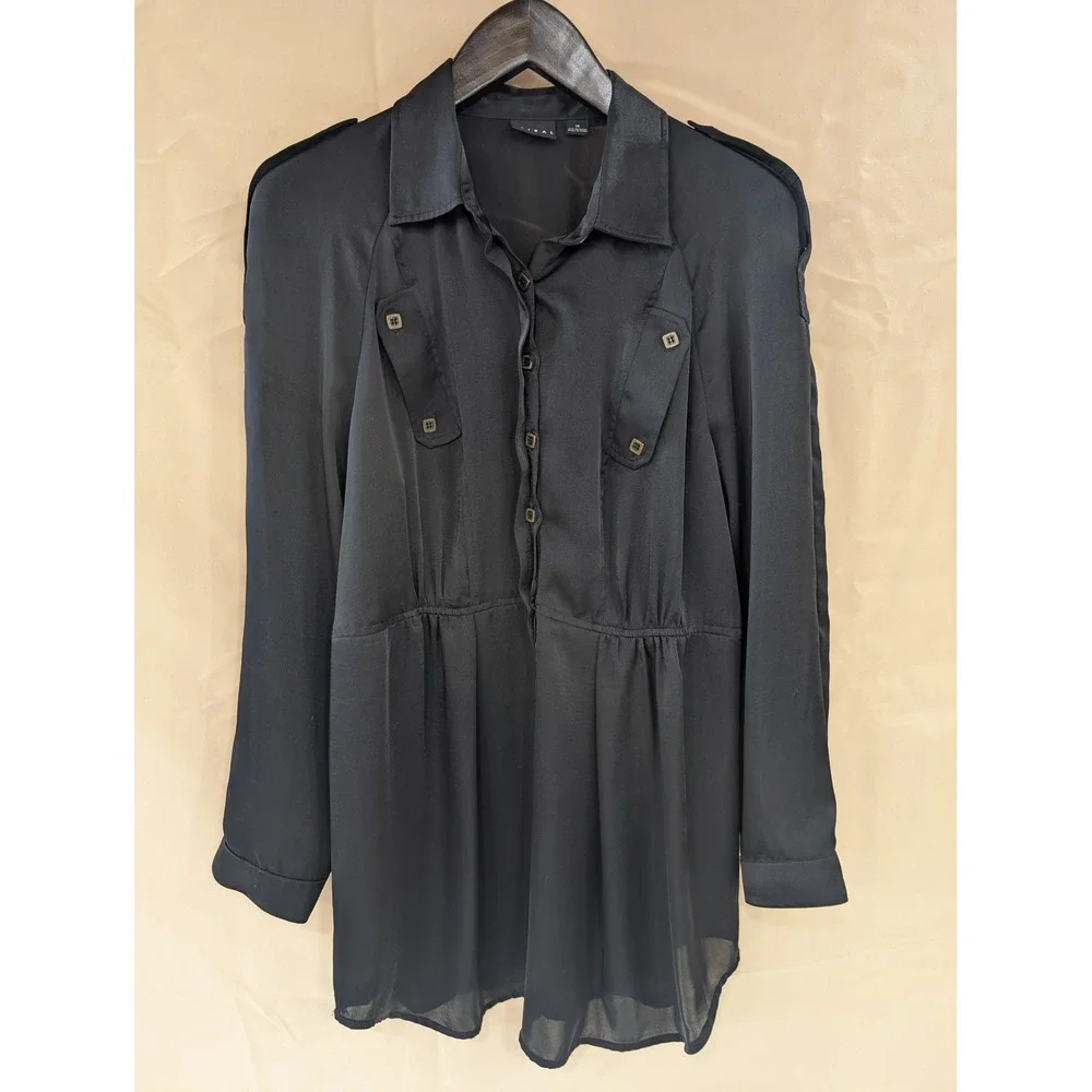 Tribal Black Long Sleeve Button Down Tunic Blouse Women's Size 14 Collared - Picture 1 of 7